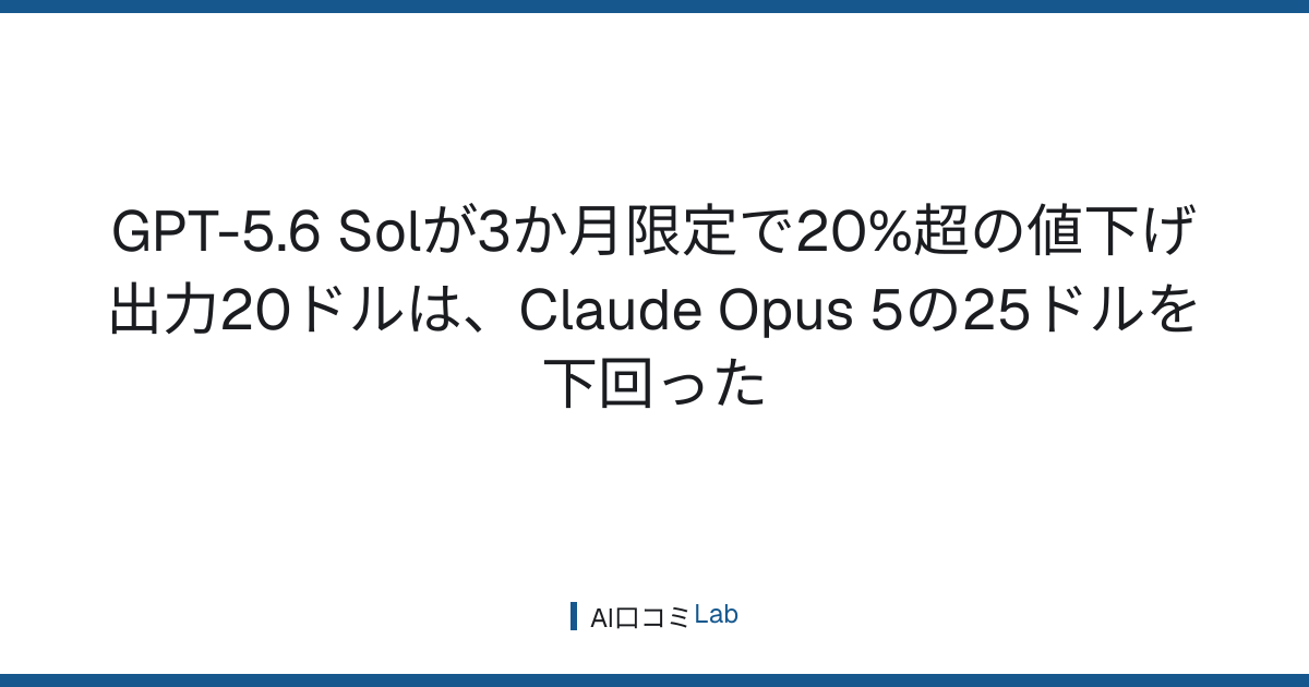 GPT-5.6 Solが3か月限定で20%超の値下げ──出力20ドルは、Claude Opus 5の25ドルを下回った【2026年8月】
